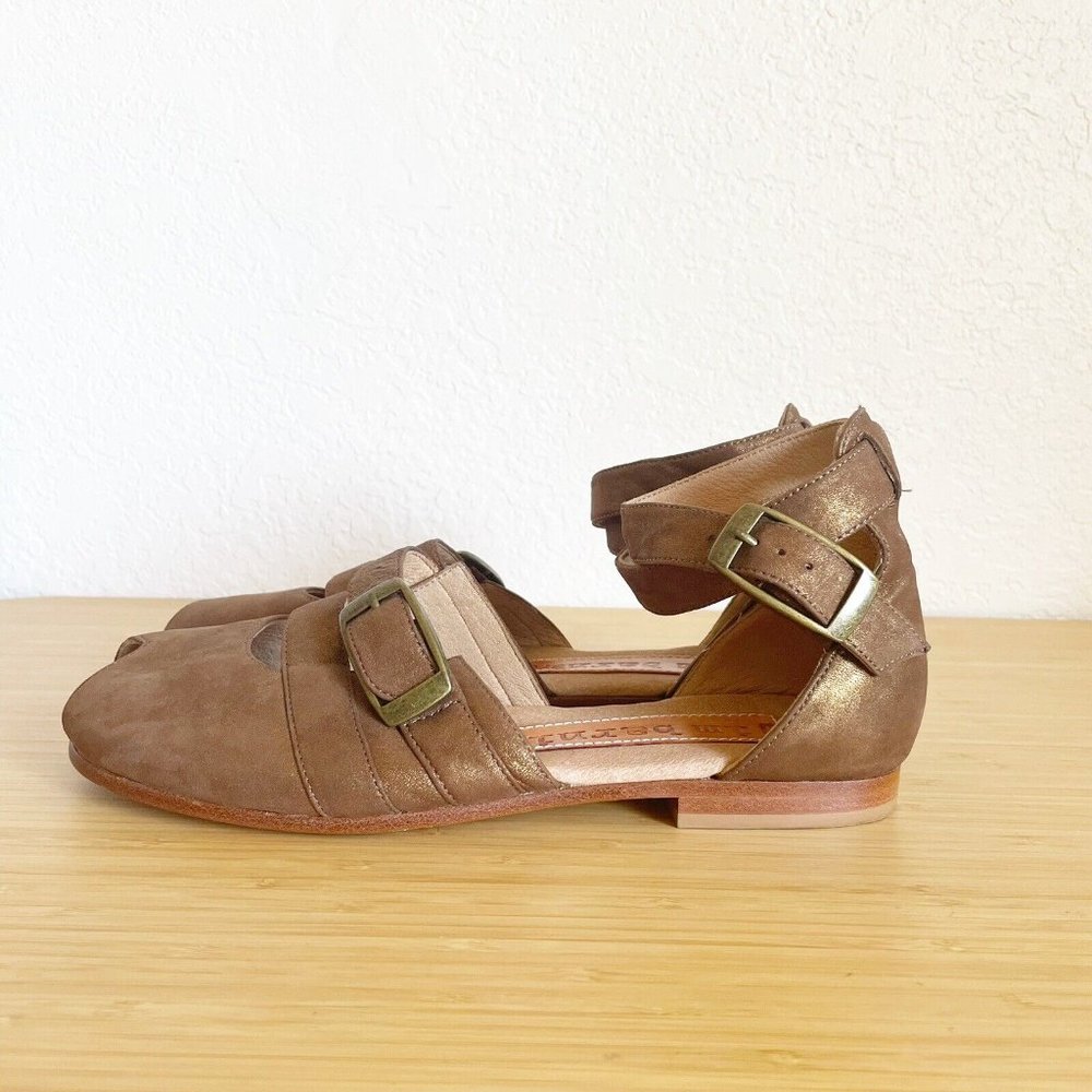 Jim Barnier Womens Size 9 Leather Sandals Peep Toe Ankle Wrap Brown Gold Shimmer - Picture 4 of 13